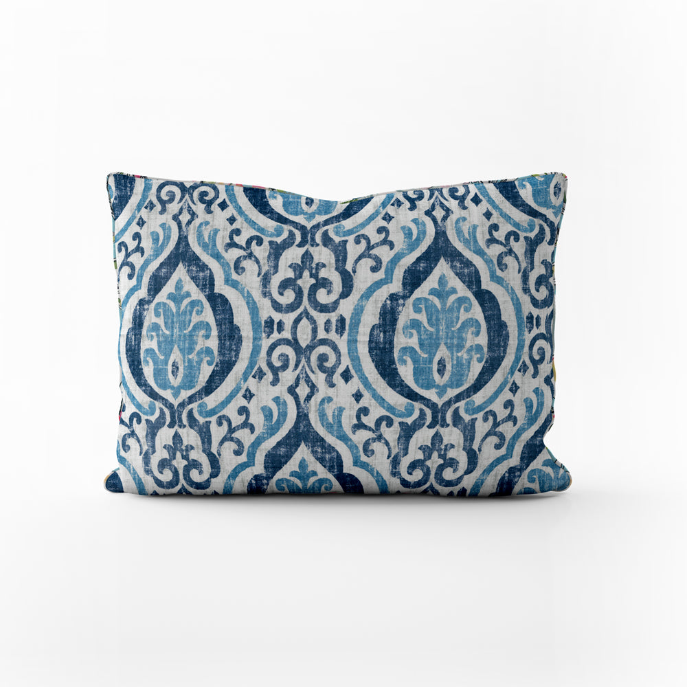 decorative pillows in alahambra sapphire blue damask medallion oblong 16" x 12"