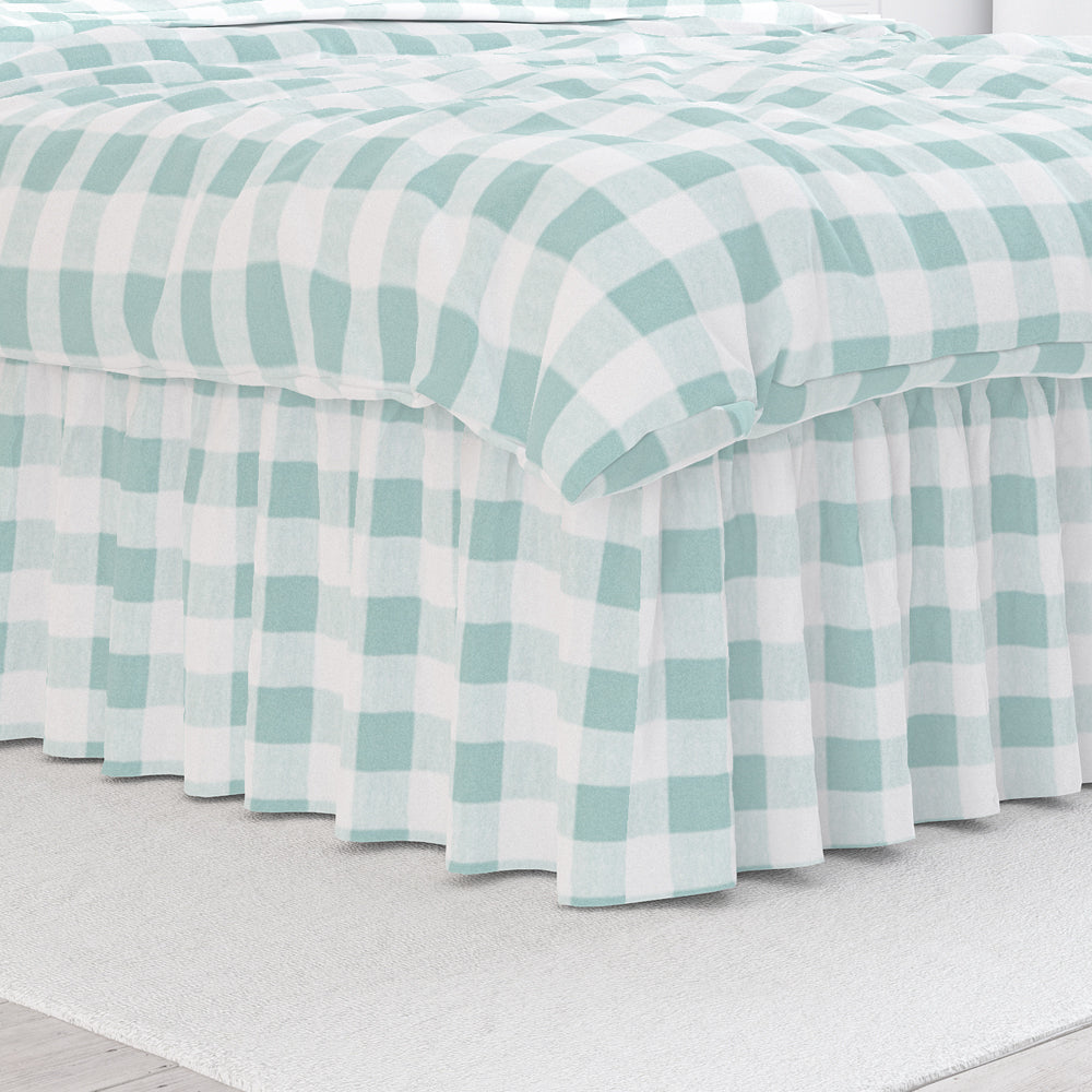 gathered bedskirt in anderson snowy pale blue-green buffalo check plaid