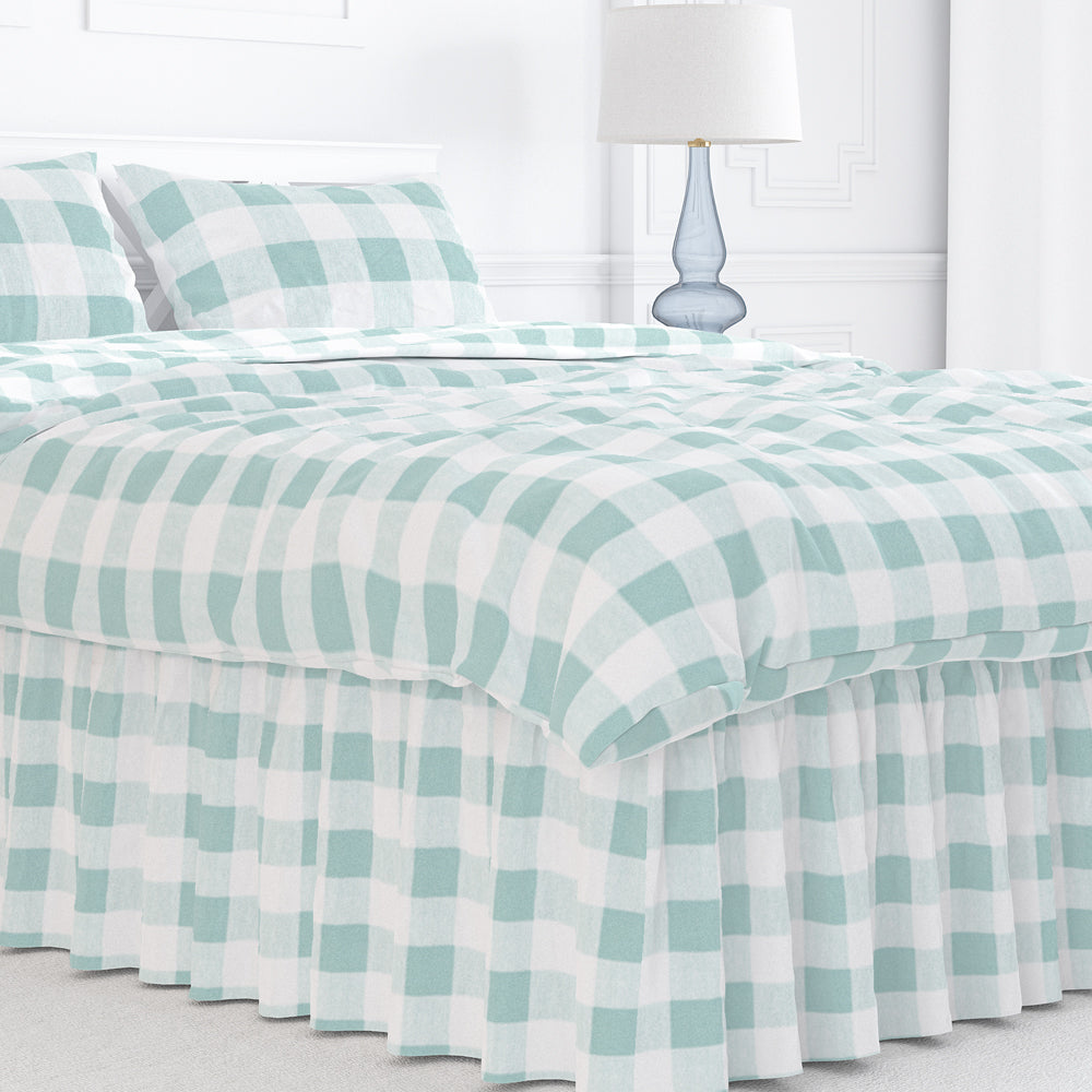 gathered bedskirt in anderson snowy pale blue-green buffalo check plaid