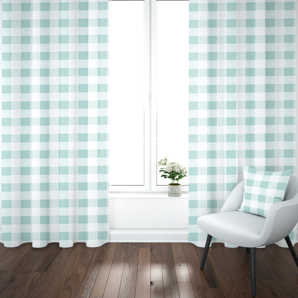 pinch pleated curtain panels pair in anderson snowy pale blue-green buffalo check plaid