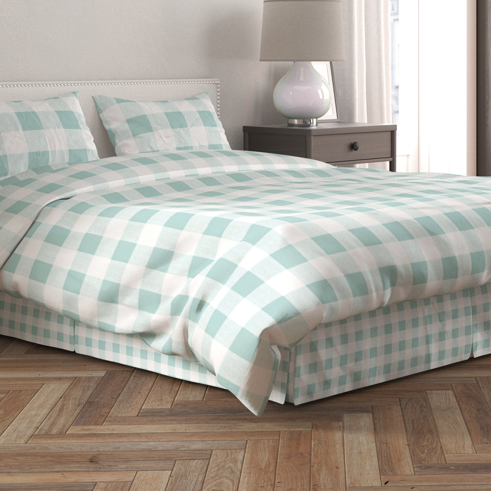 tailored bedskirt in anderson snowy pale blue-green buffalo check plaid