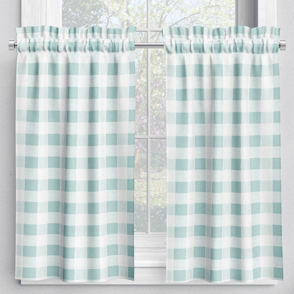 tailored tier cafe curtain panels pair in anderson snowy pale blue-green buffalo check plaid