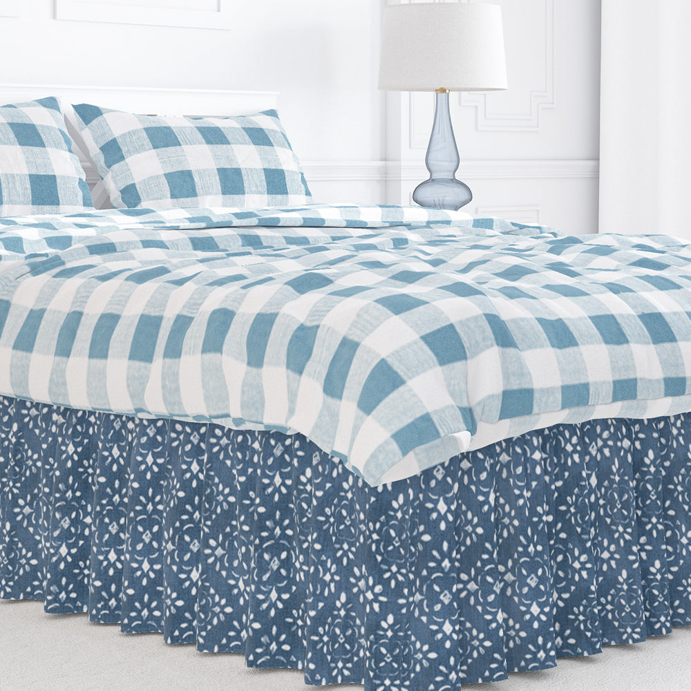 gathered bedskirt in avila prussian blue farmhouse floral lattice