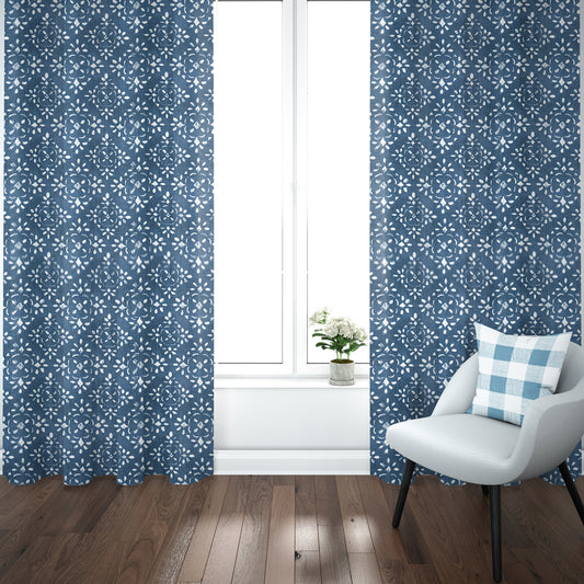 pinch pleated curtain panels pair in avila prussian blue farmhouse floral lattice