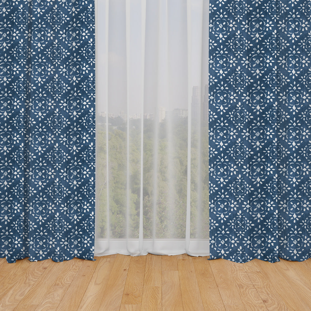 rod pocket curtain panels pair in avila prussian blue farmhouse floral lattice