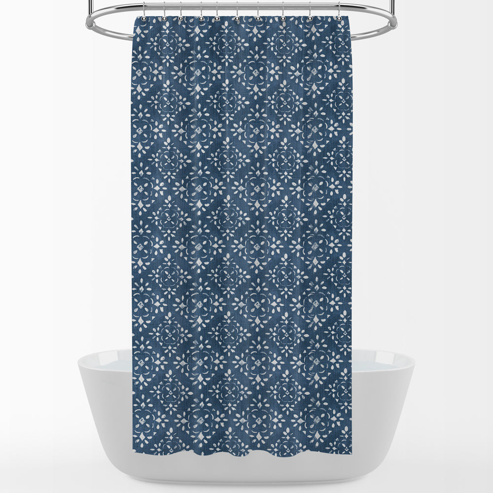 shower curtain in avila prussian blue farmhouse floral lattice
