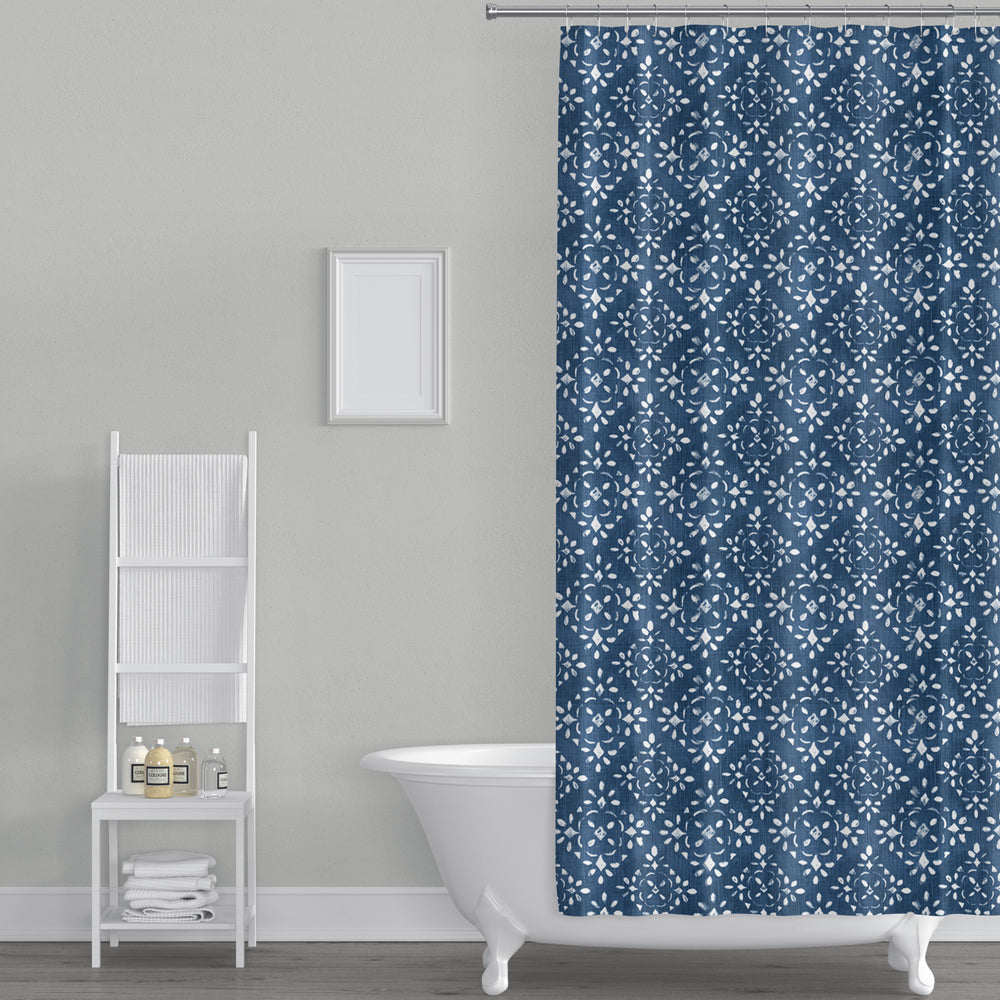 shower curtain in avila prussian blue farmhouse floral lattice
