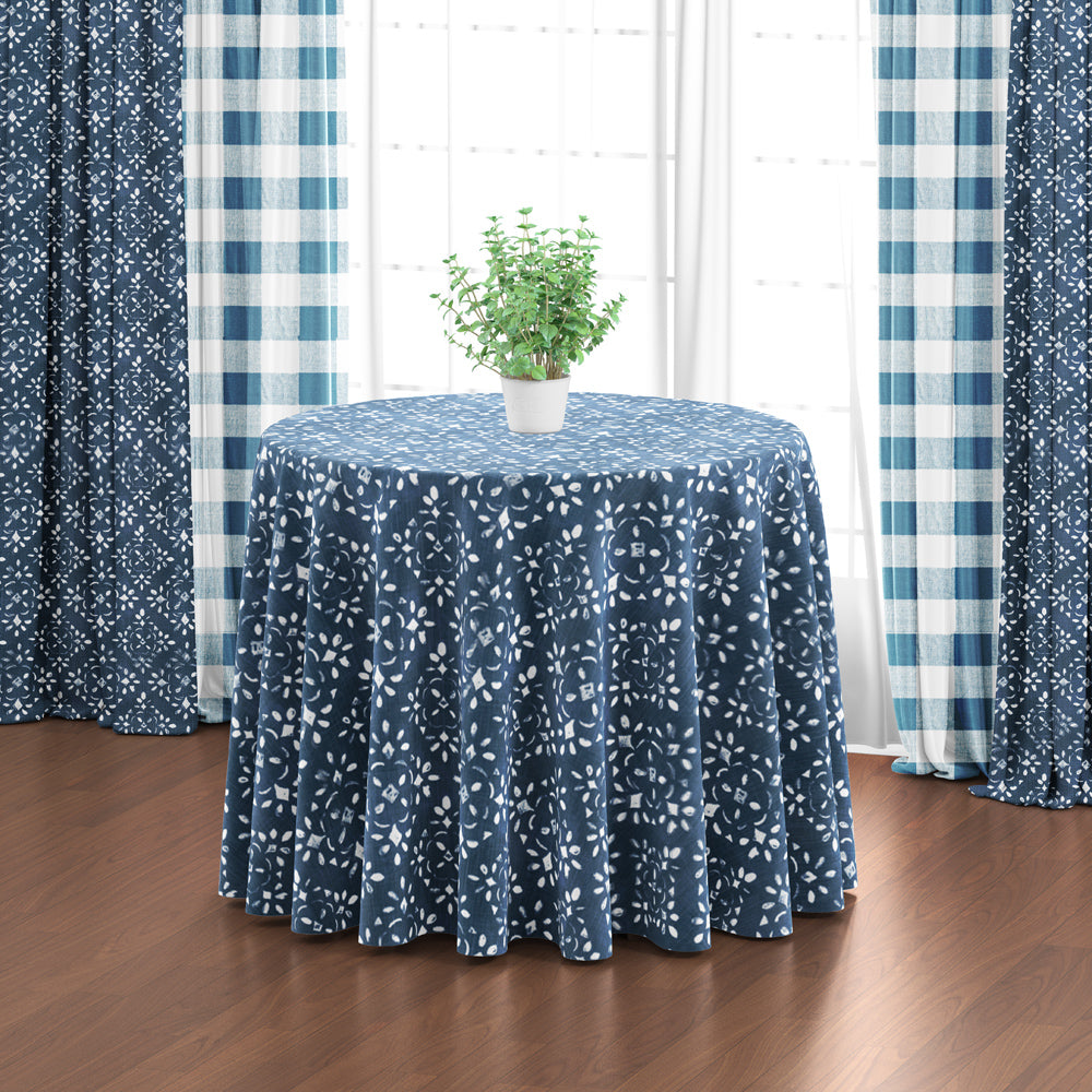 round tablecloth in avila prussian blue farmhouse floral lattice