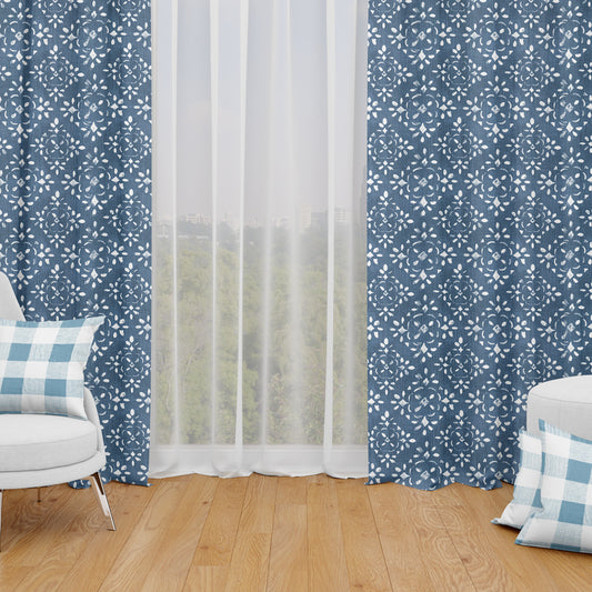 tab top curtain panels pair in avila prussian blue farmhouse floral lattice