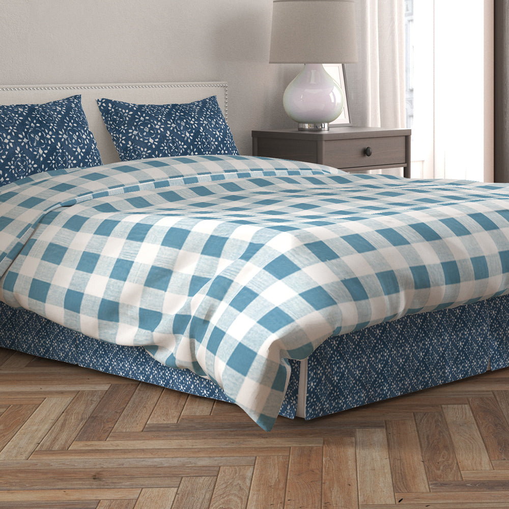 tailored bedskirt in avila prussian blue farmhouse floral lattice