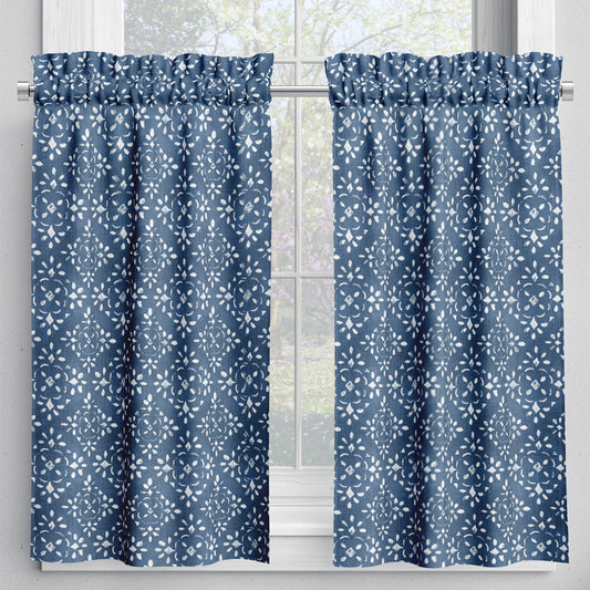 tailored tier cafe curtain panels pair in avila prussian blue farmhouse floral lattice
