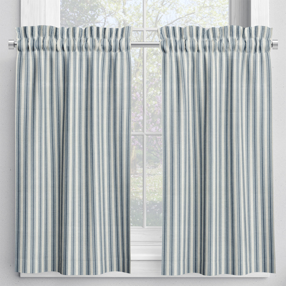 tailored tier curtains in cottage navy blue stripe