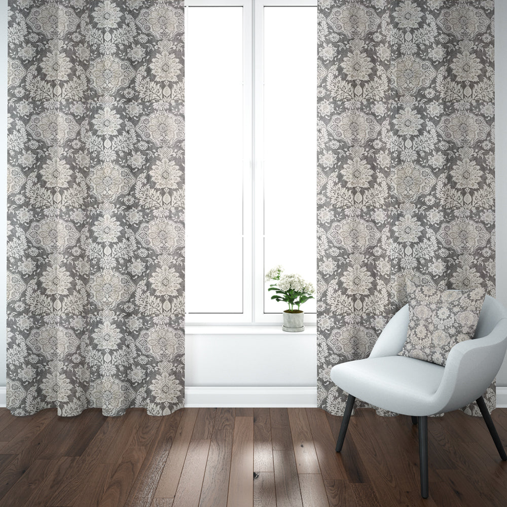 pinch pleated curtains in belmont metal gray floral damask