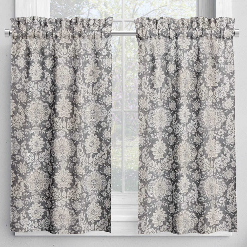 tailored tier curtains in belmont metal gray floral damask