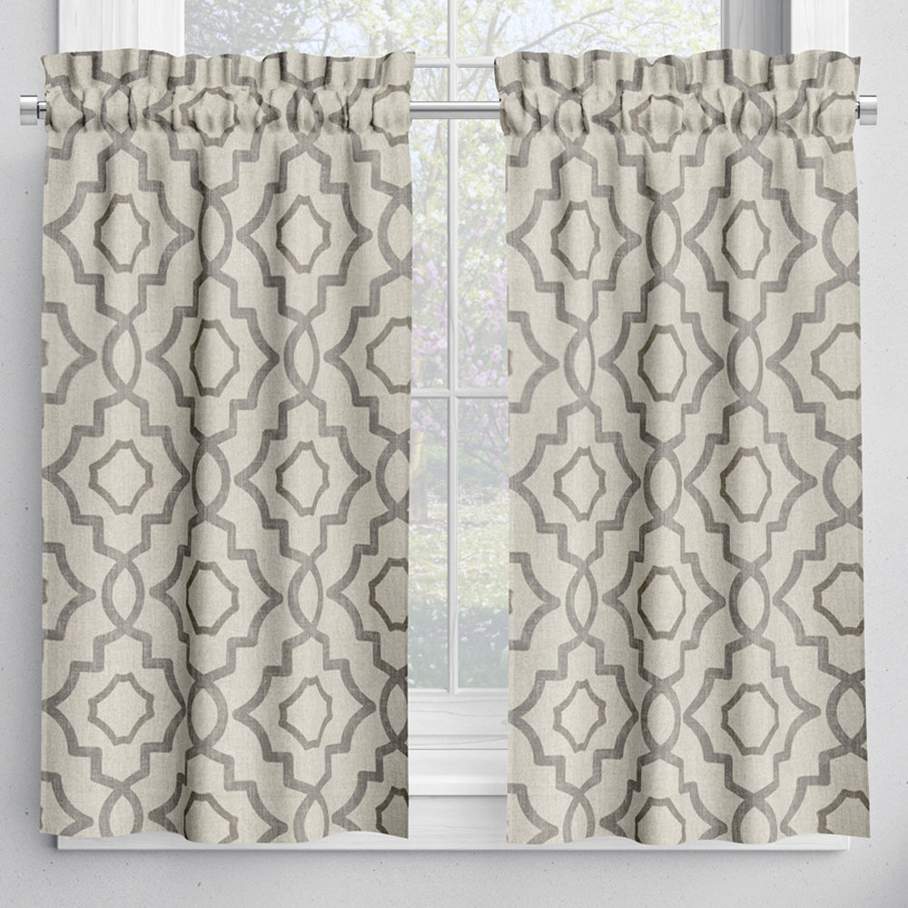 tailored tier curtains in talbot metal gray lattice medallion