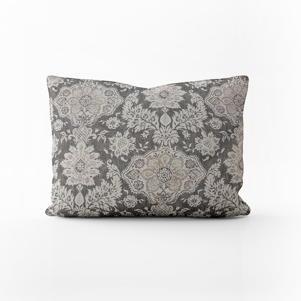 decorative pillows in belmont metal gray floral damask oblong 16" x 12"