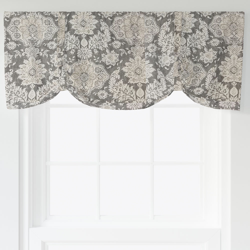 tie-up valance in belmont metal gray floral damask