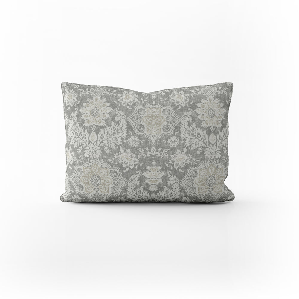 decorative pillows in belmont mist pale gray floral damask oblong 16" x 12"