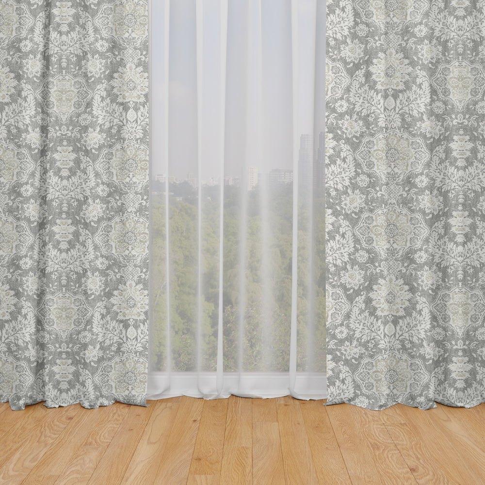 rod pocket curtains in belmont mist pale gray floral damask