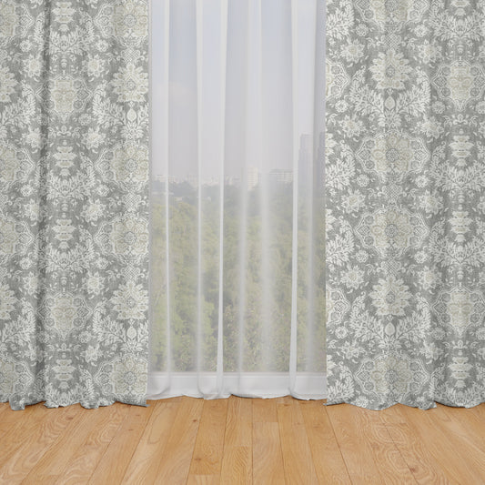 rod pocket curtains in belmont mist pale gray floral damask