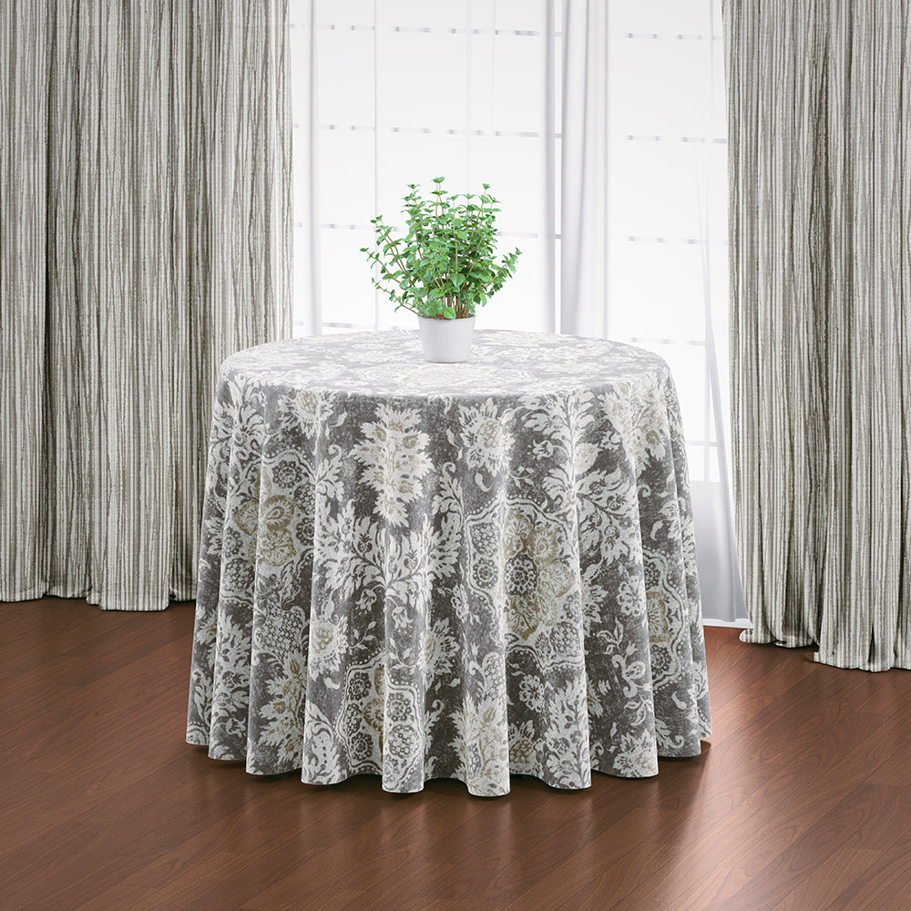 round tablecloth in belmont mist pale gray floral damask