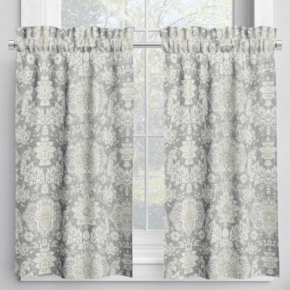 tailored tier curtains in belmont mist pale gray floral damask