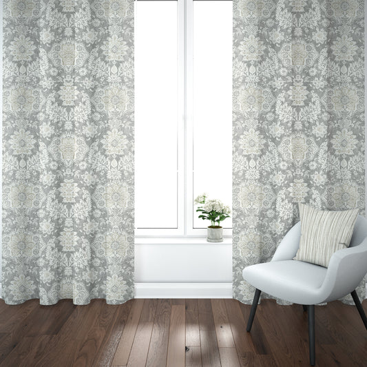 pinch pleated curtains in belmont mist pale gray floral damask