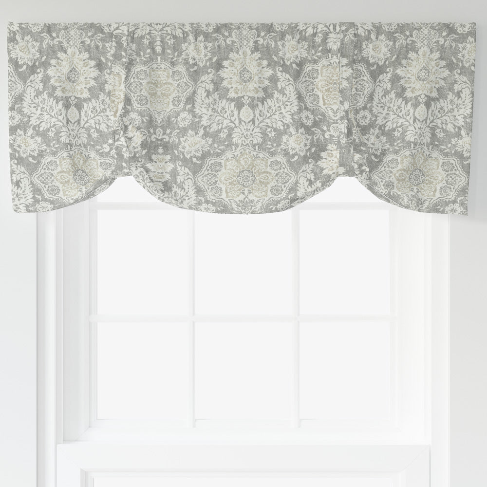 tie-up valance in belmont mist pale gray floral damask