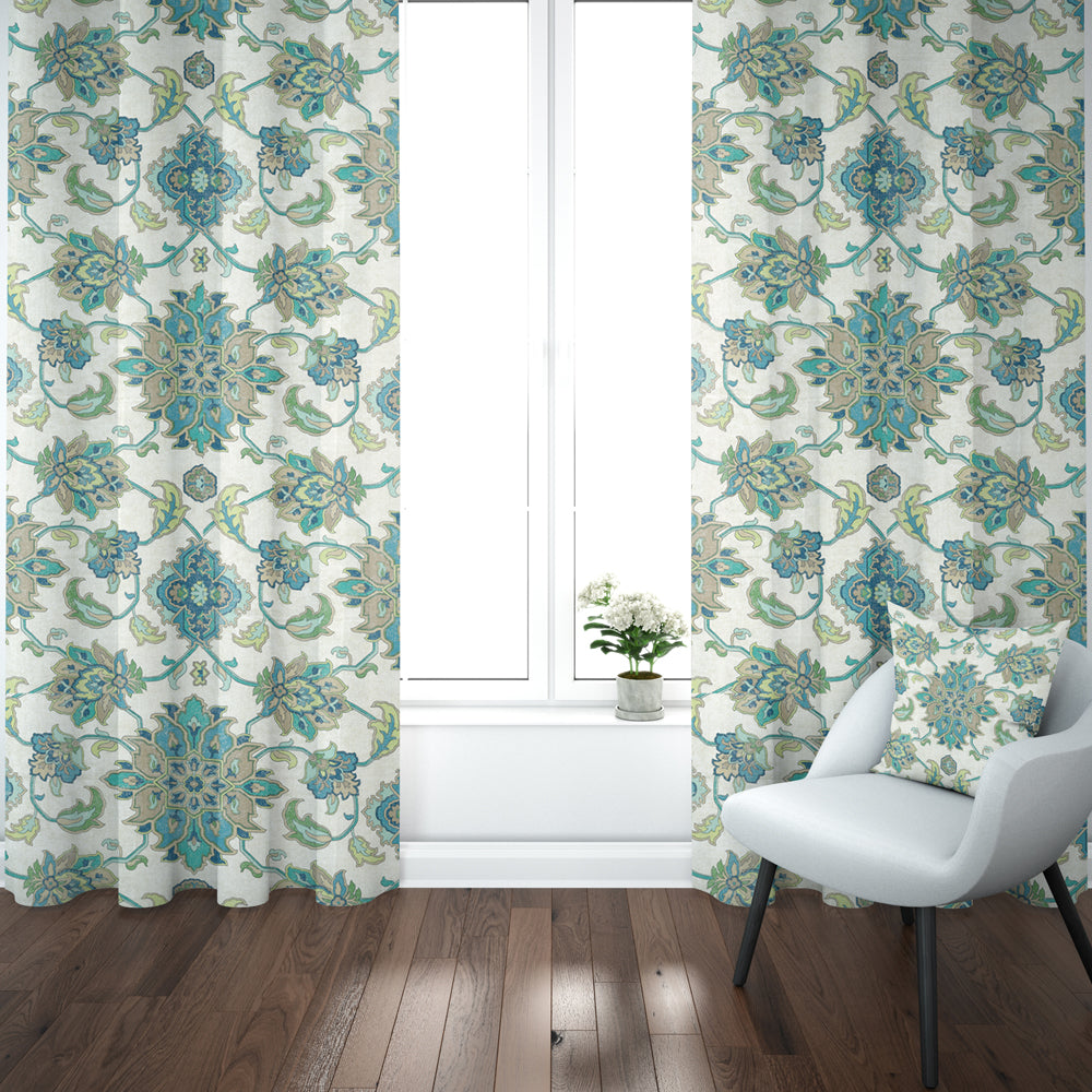 pinch pleated curtain panels pair in brooklyn ocean jacobean floral large scale
