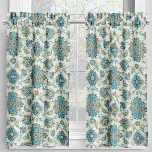 tailored tier cafe curtain panels pair in brooklyn ocean jacobean floral large scale