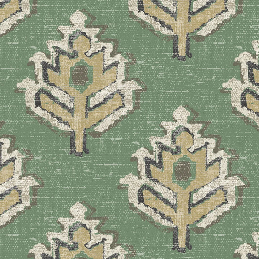 Tab Top Curtain Panels Pair in Carter Meadow Green Block Print Botanical Design- Small Scale