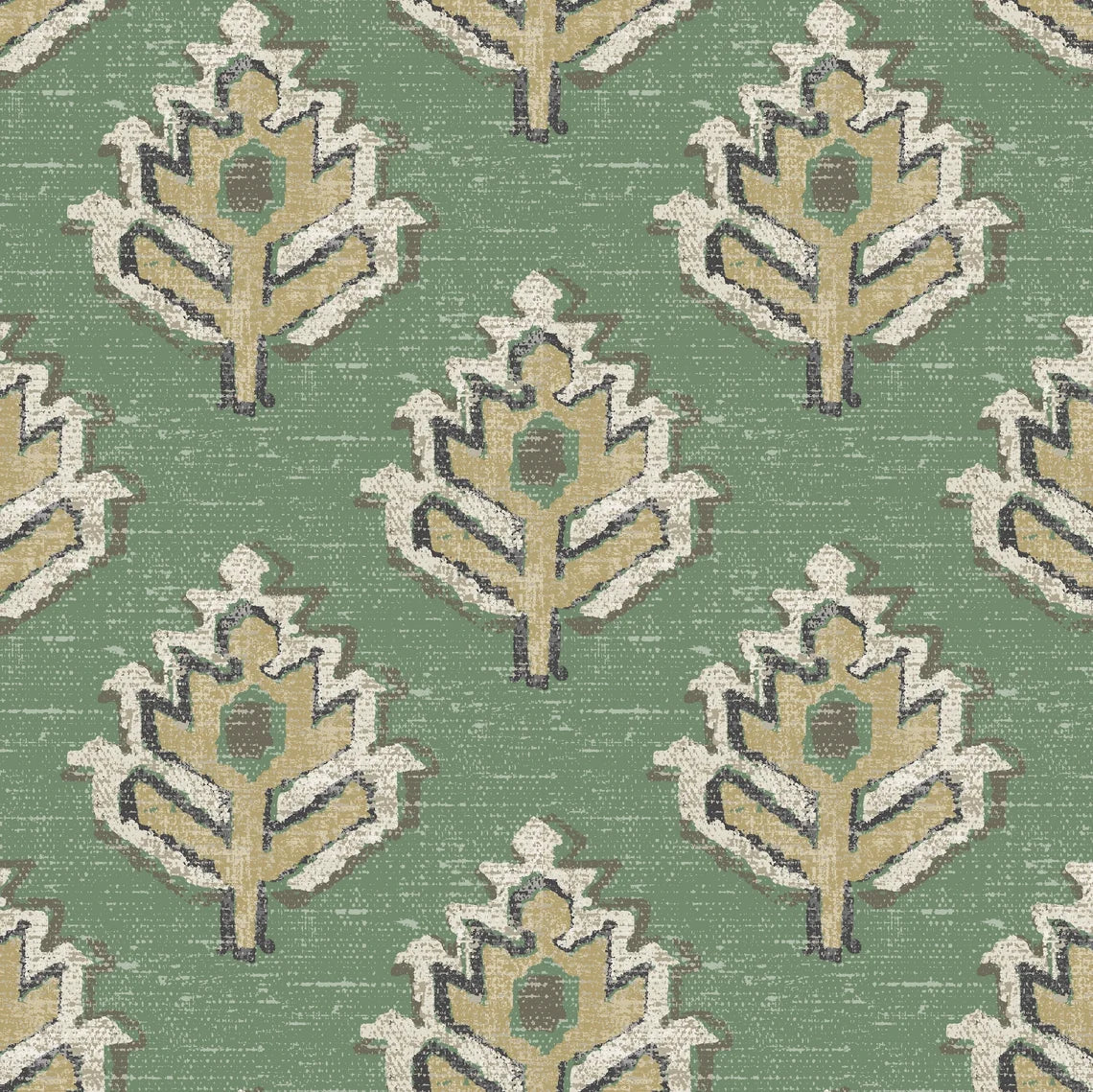 Shower Curtain in Carter Meadow Green Block Print Botanical Design- Small Scale