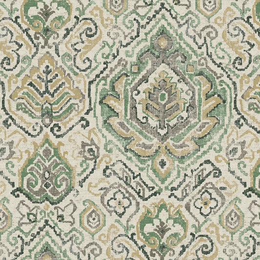 Gathered Bedskirt in Cathell Meadow Green Medallion Weathered Persian Rug Design- Large Scale