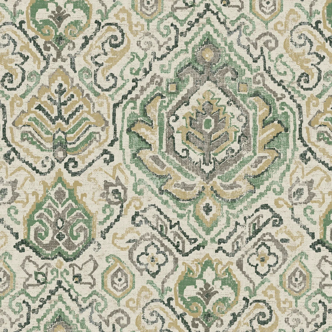 Tailored Bedskirt in Cathell Meadow Green Medallion Weathered Persian Rug Design- Large Scale