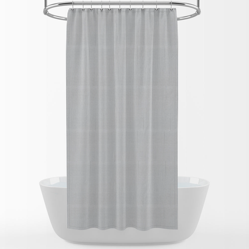 shower curtain in classic black ticking stripe on white