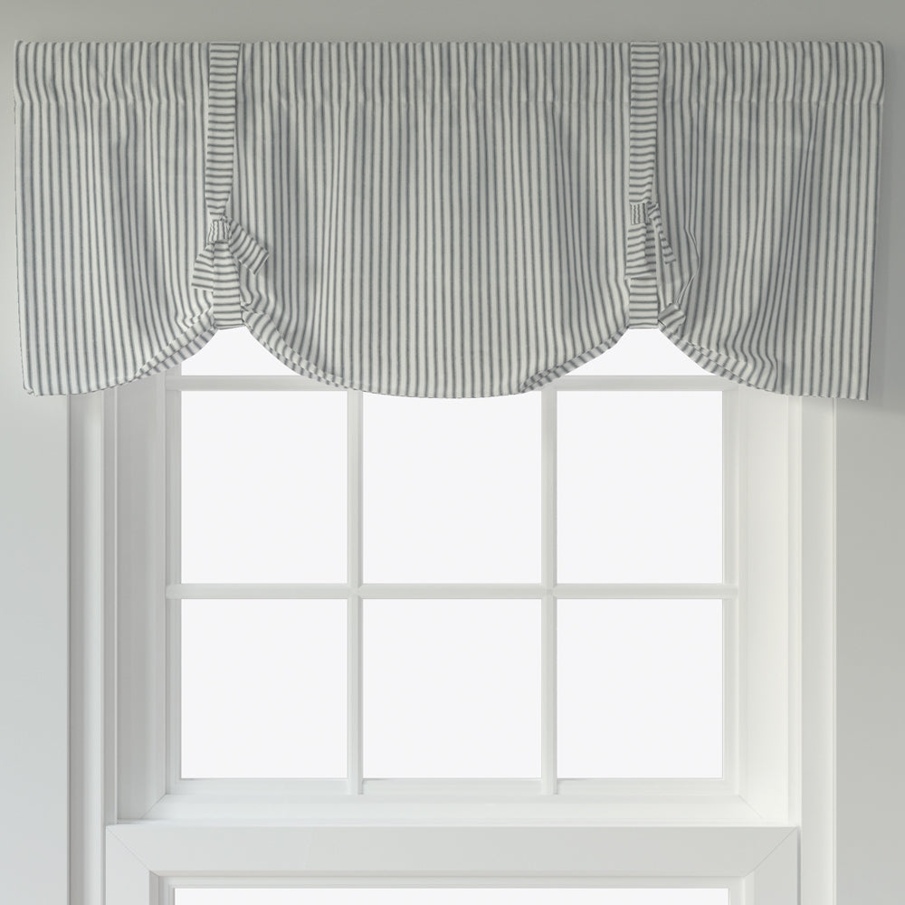 tie-up valance in classic black ticking stripe on white