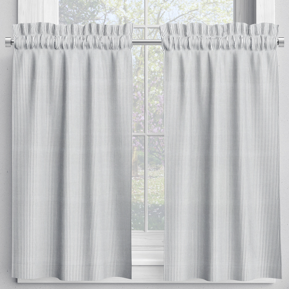 tailored tier cafe curtain panels pair in classic black ticking stripe on white