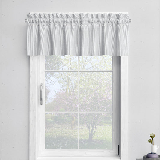 tailored valance in classic black ticking stripe on white