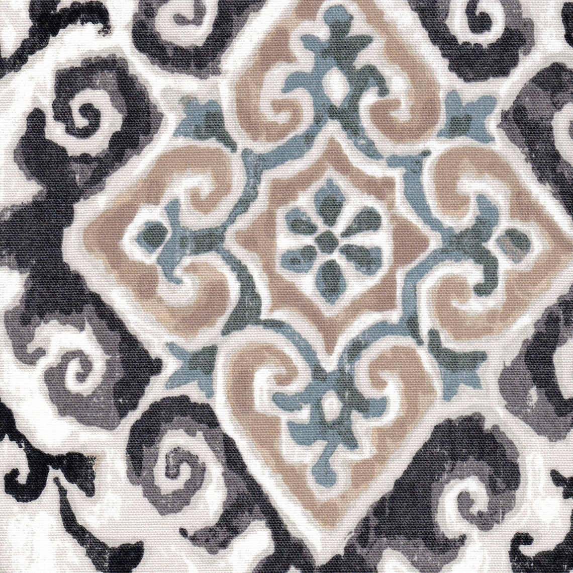 gathered bedskirt in feabhra slate gray diamond medallion- blue, tan, large scale