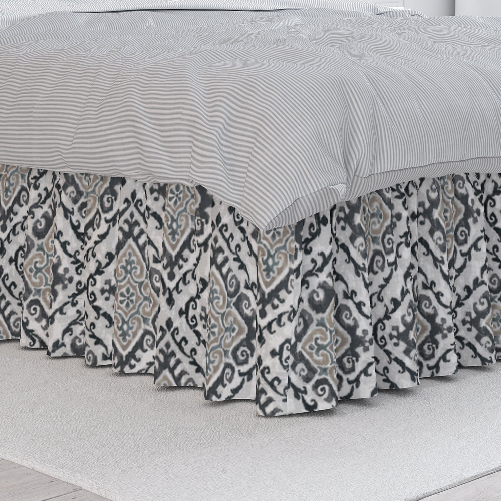 gathered bedskirt in feabhra slate gray diamond medallion- blue, tan, large scale