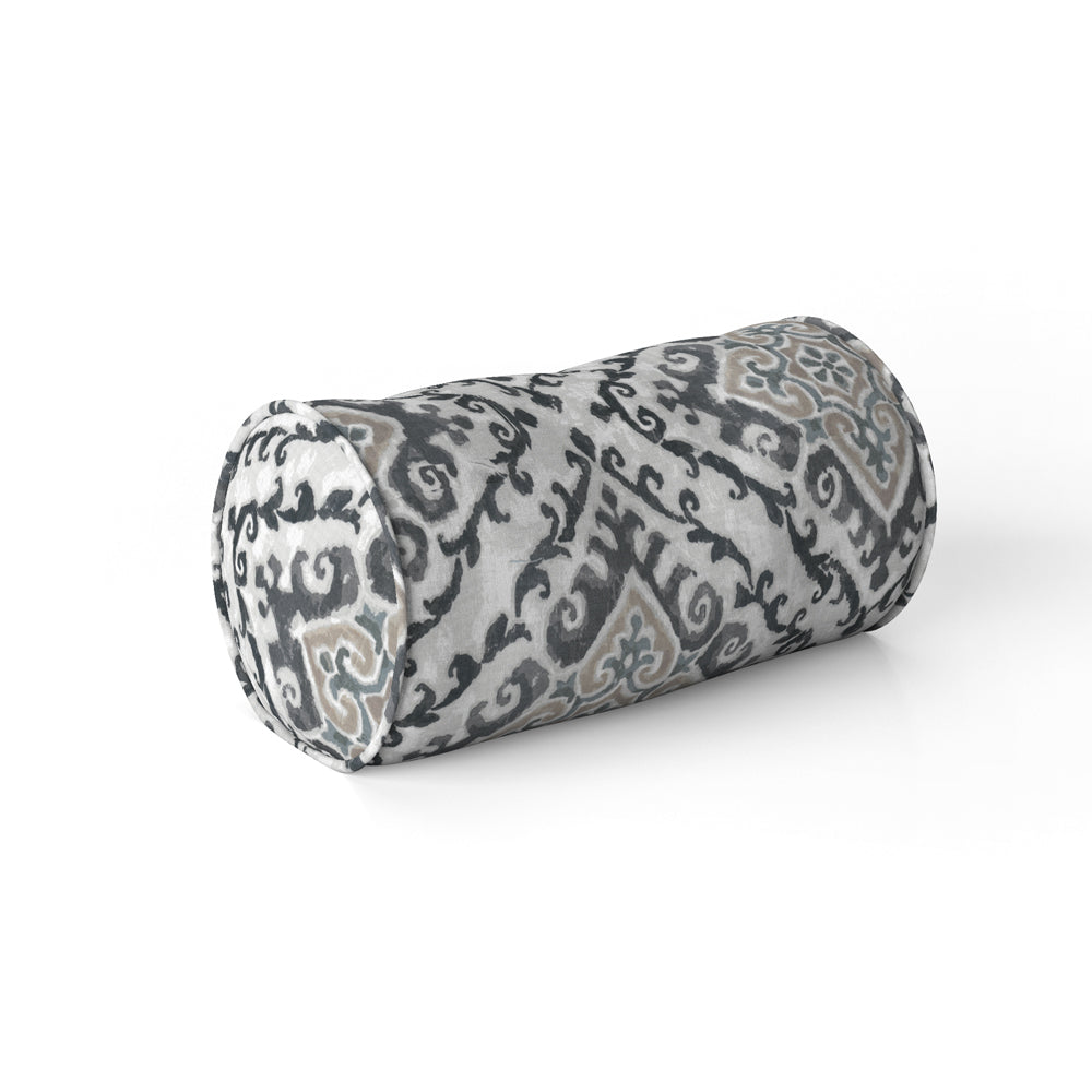 decorative pillows in feabhra slate gray diamond medallion- blue, tan, large scale neck roll pillow
