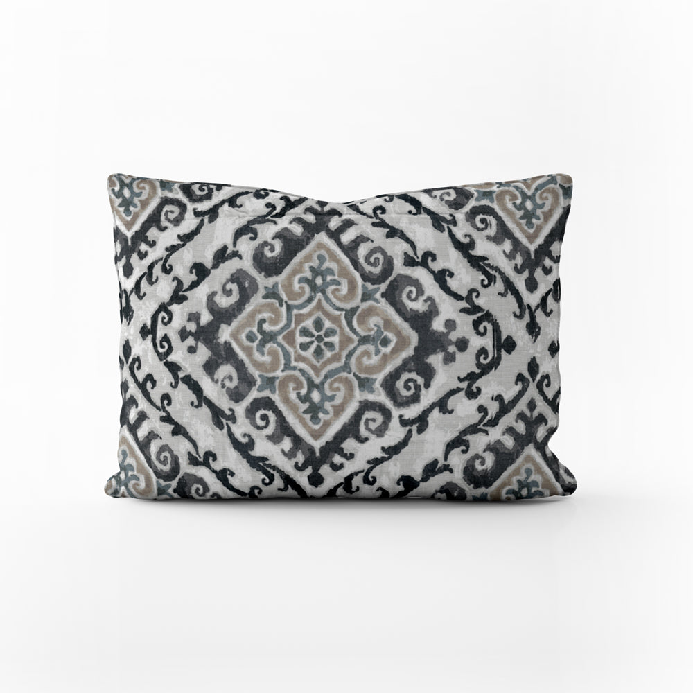 decorative pillows in feabhra slate gray diamond medallion- blue, tan, large scale oblong 16" x 12"