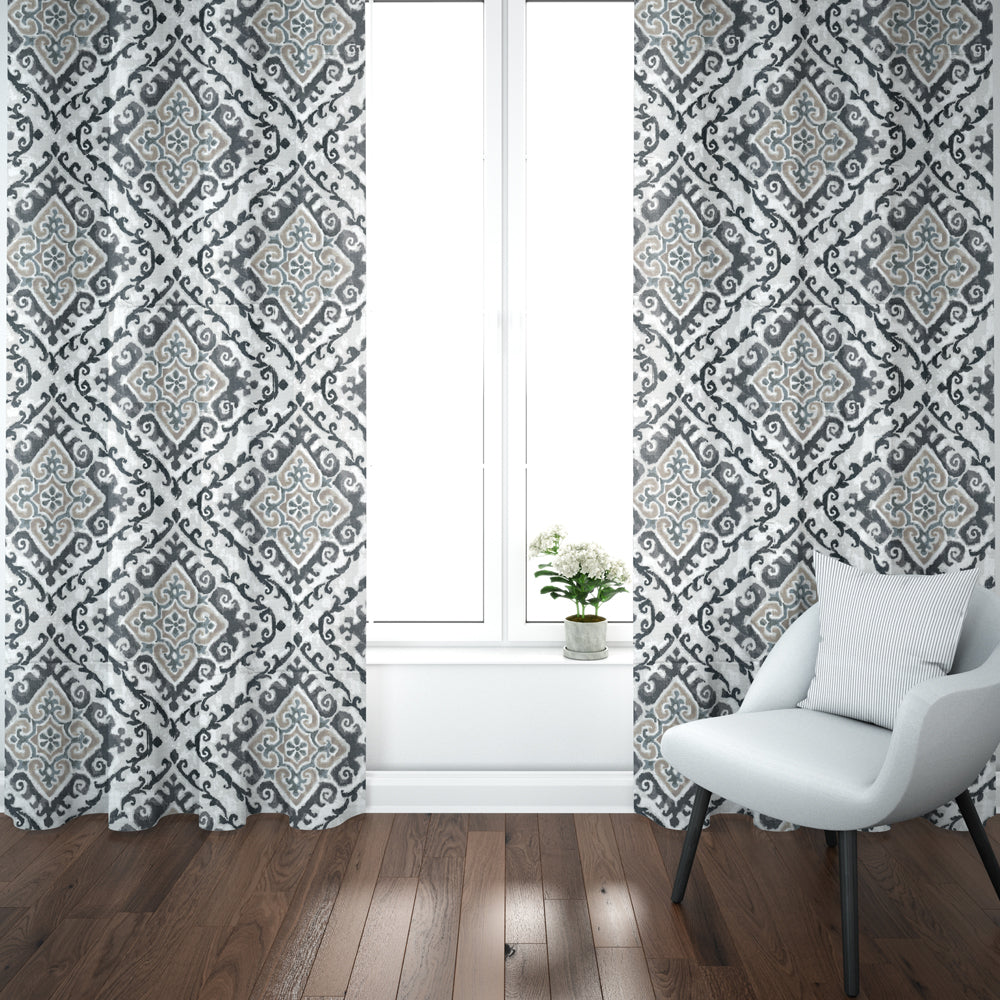 pinch pleated curtain panels pair in feabhra slate gray diamond medallion - blue, tan, large scale