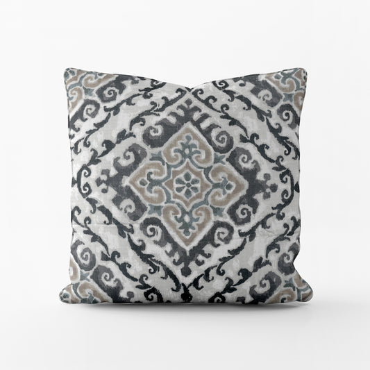 decorative pillows in feabhra slate gray diamond medallion- blue, tan, large scale