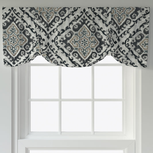 tie-up valance in feabhra slate gray diamond medallion - blue, tan, large scale