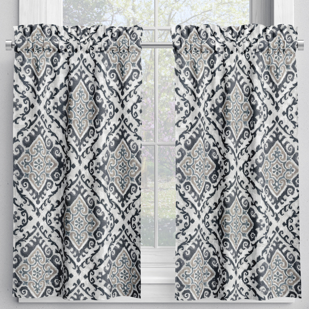 tailored tier cafe curtain panels pair in feabhra slate gray diamond medallion - blue, tan, large scale