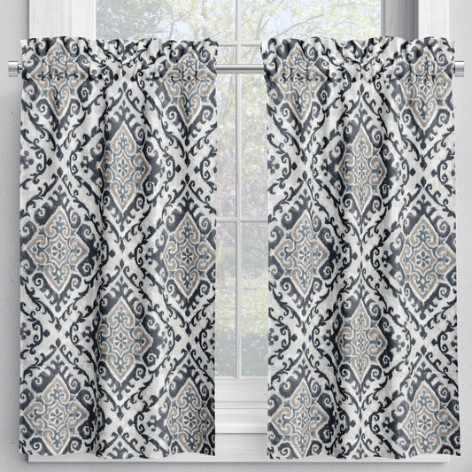 tailored tier cafe curtain panels pair in feabhra slate gray diamond medallion - blue, tan, large scale