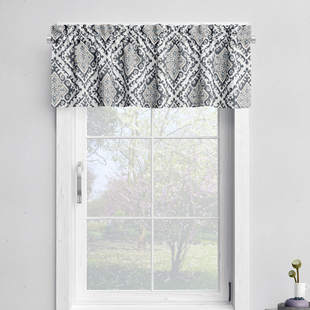 tailored valance in feabhra slate gray diamond medallion- blue, tan, large scale