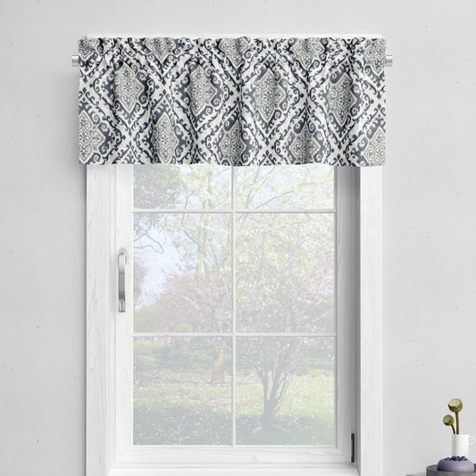 tailored valance in feabhra slate gray diamond medallion- blue, tan, large scale