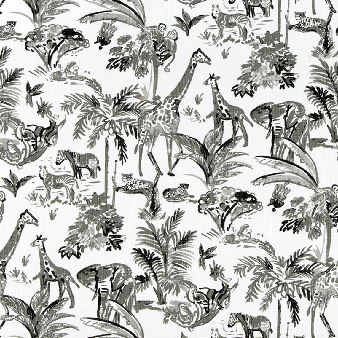 Black White Jungle Safari Toile De Jouy Fabric